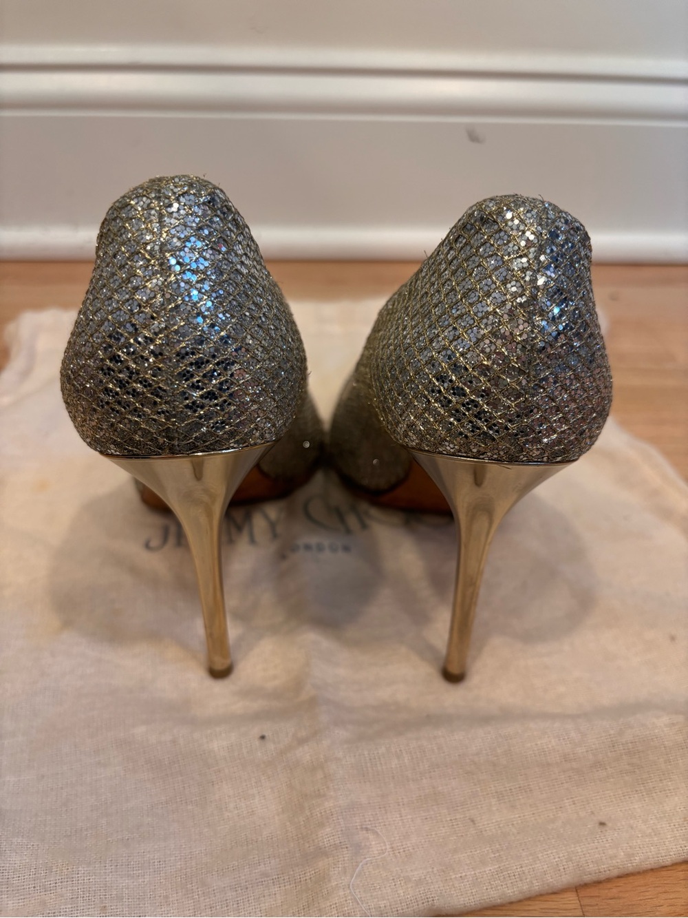 Jimmy Choo 100mm Abel Glitter Pointed Toe Pumps Heels Gold/Silver Champagne sz38 - Picture 5 of 13